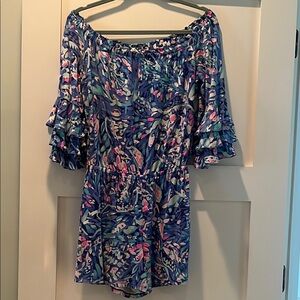 Lilly Pulitzer Off-Shoulder Floral Romper in Blue & Pink